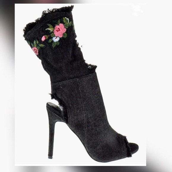 🖤Black Denim Peep Toe Floral Stiletto Booties😍🔥 - Picture 2 of 3